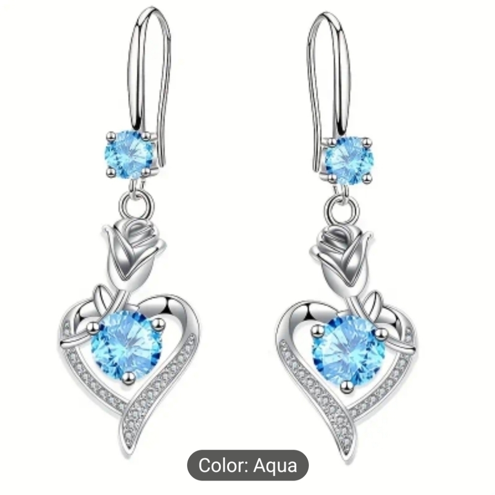 Aqua Hollow Heart Rose Flower Earrings